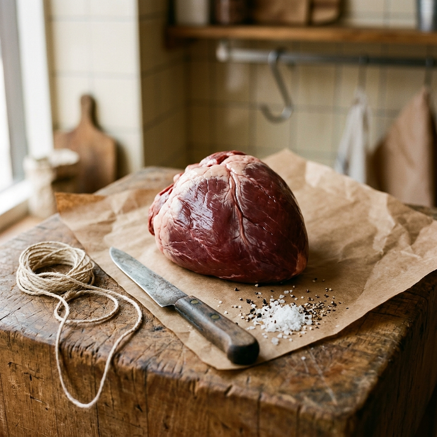 Organic grass fed beef heart on a butcher's bench