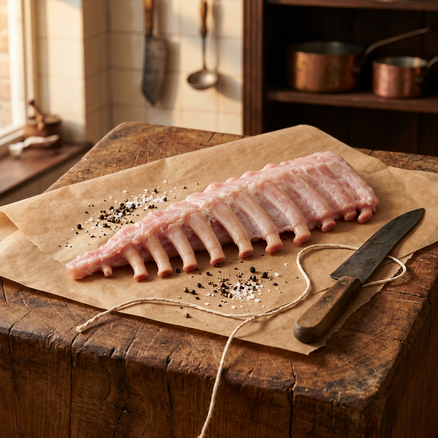 Crocodile spare ribs on butcher's paper - Wolki Farm