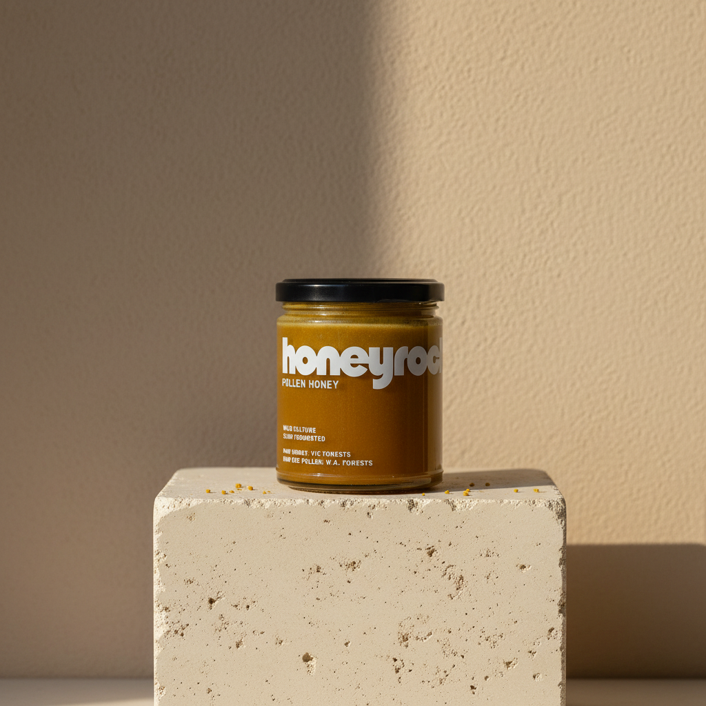Honeyrock Pollen Honey jar on a limestone block