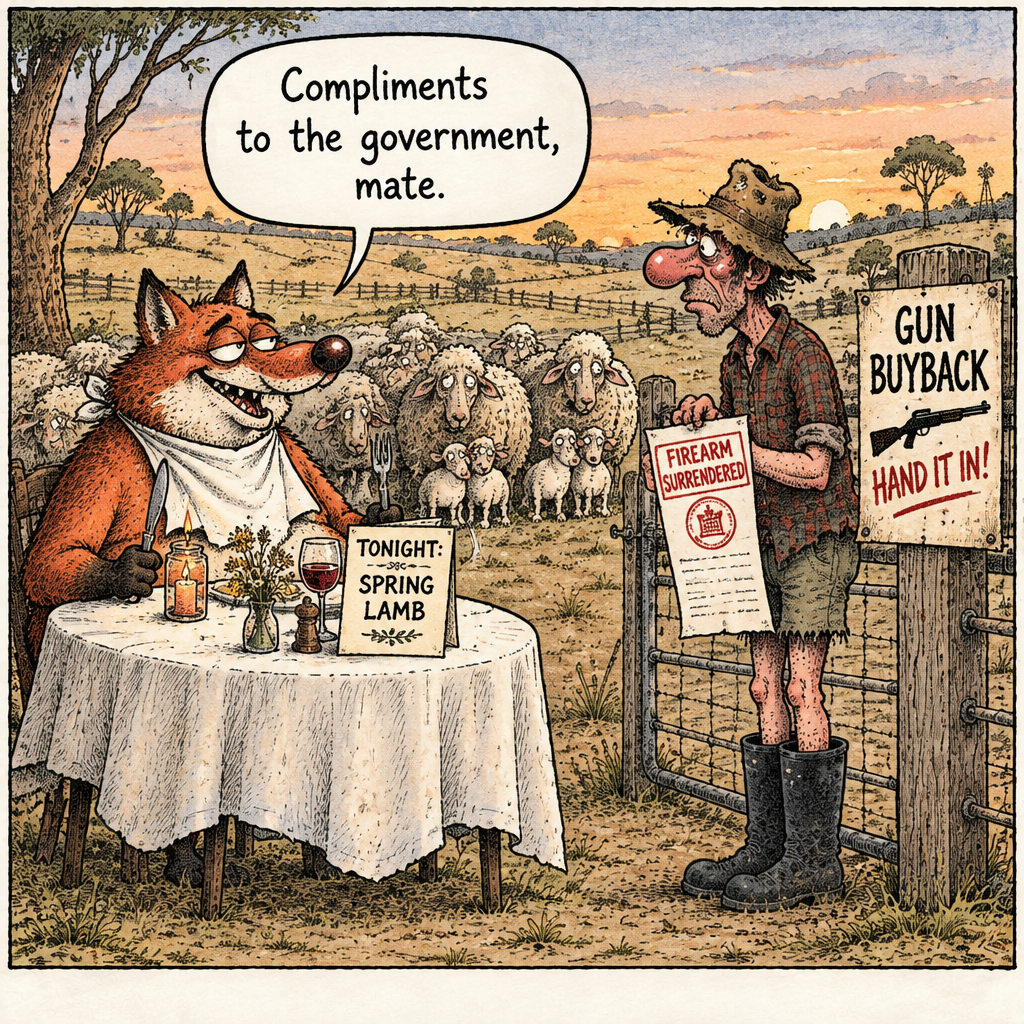 Cartoon: a fox sits down to a candlelit spring lamb dinner while a farmer holds a firearm surrendered notice beside a gun buyback sign. Compliments to the government, mate.