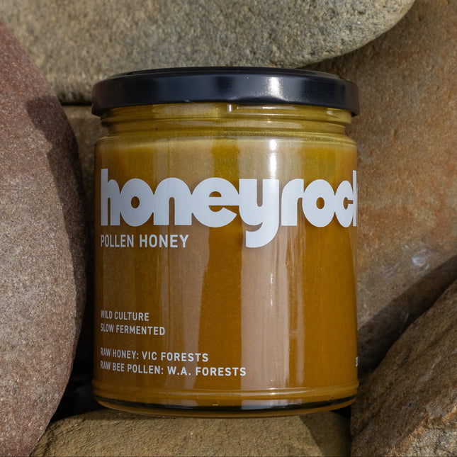 Honeyrock Pollen Honey jar on river stones
