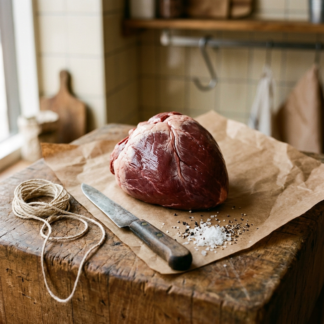 Organic grass fed beef heart on a butcher's bench