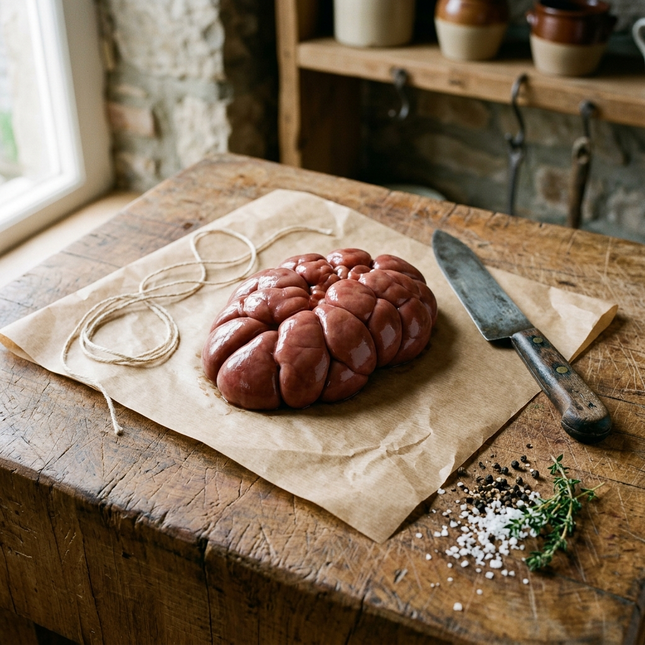 Organic grass fed beef kidney on a butcher's bench