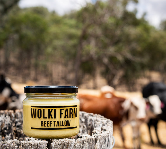 Jar of Wolki Farm beef tallow on a wooden barrel with cows in the background