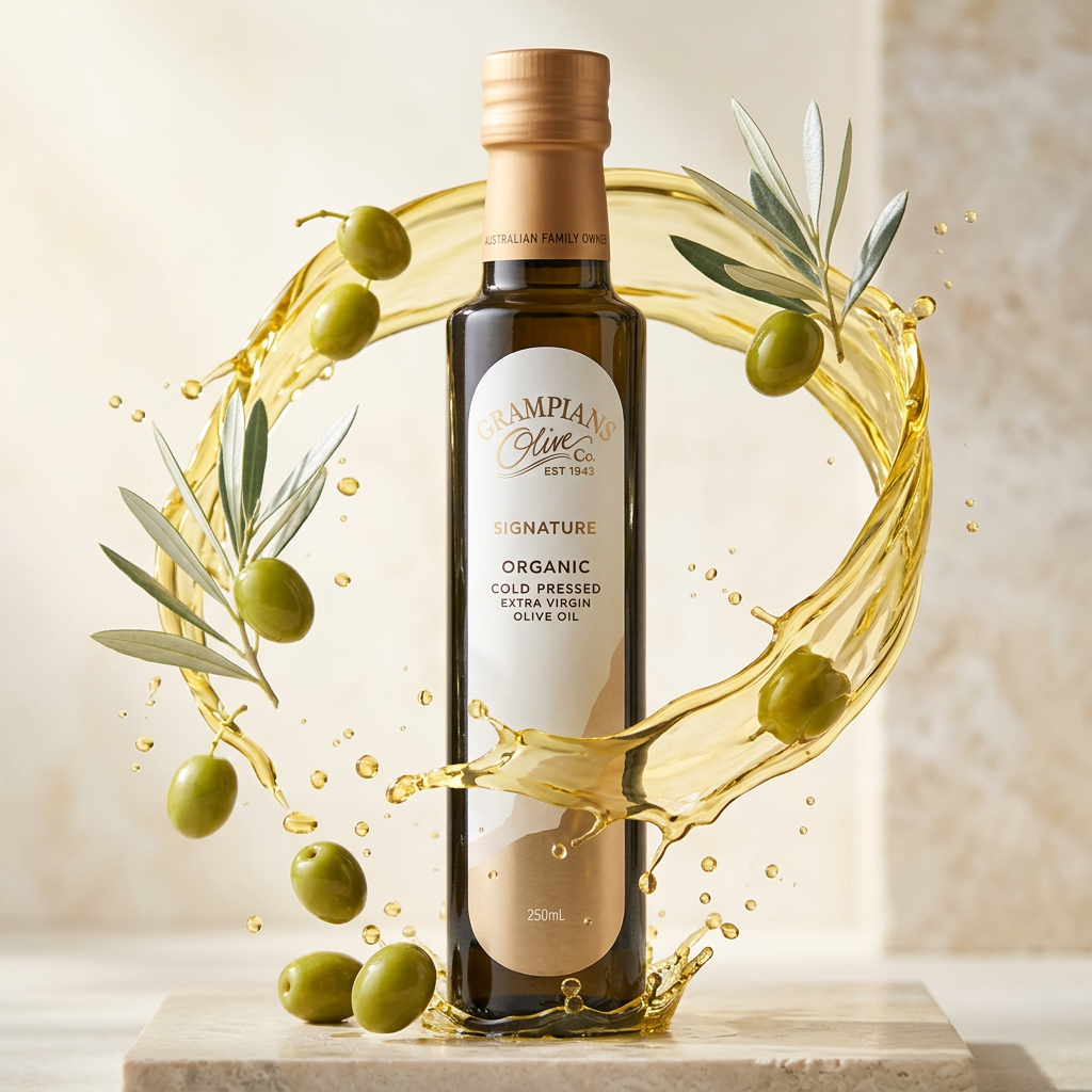 Grampians Olive Co 2025 Signature EVOO with golden olive oil splash, green olives and olive branches
