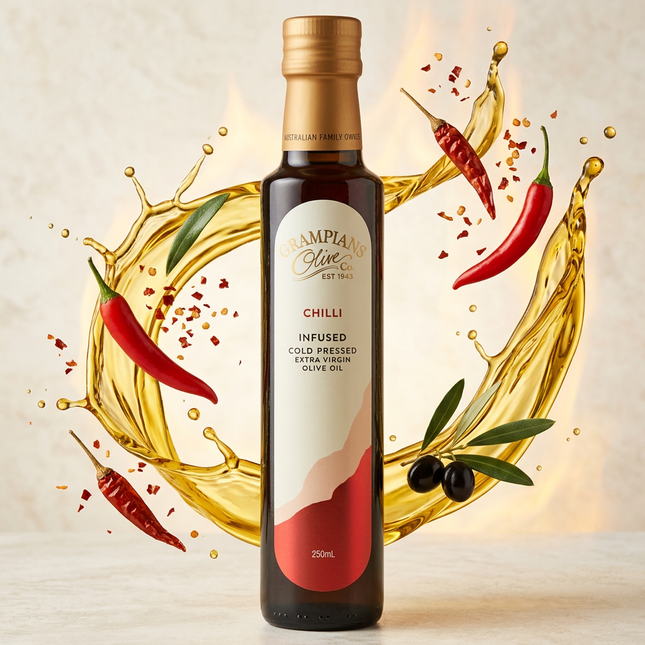 Grampians Olive Co Chilli Infused EVOO with oil splash and fresh red chillies
