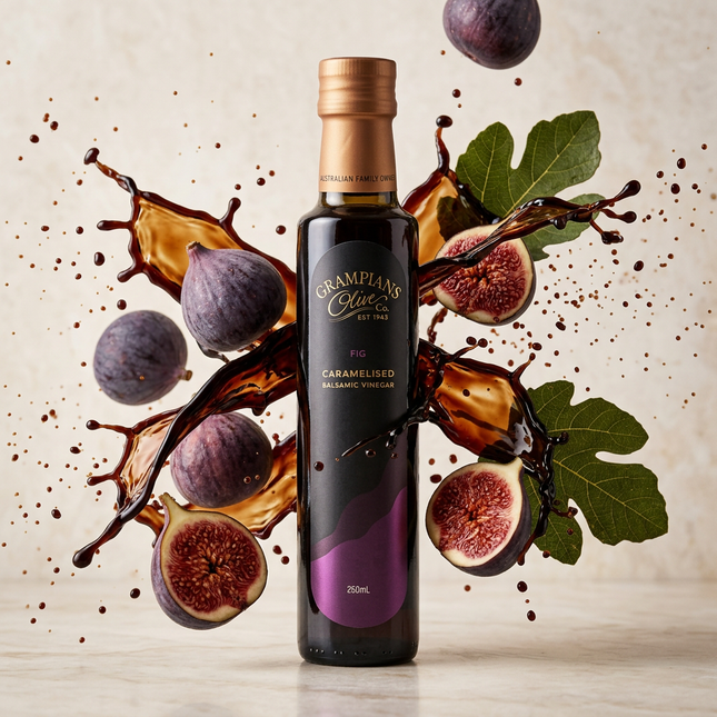 Grampians Olive Co Fig Caramelised Balsamic with dark balsamic ribbons and fresh figs