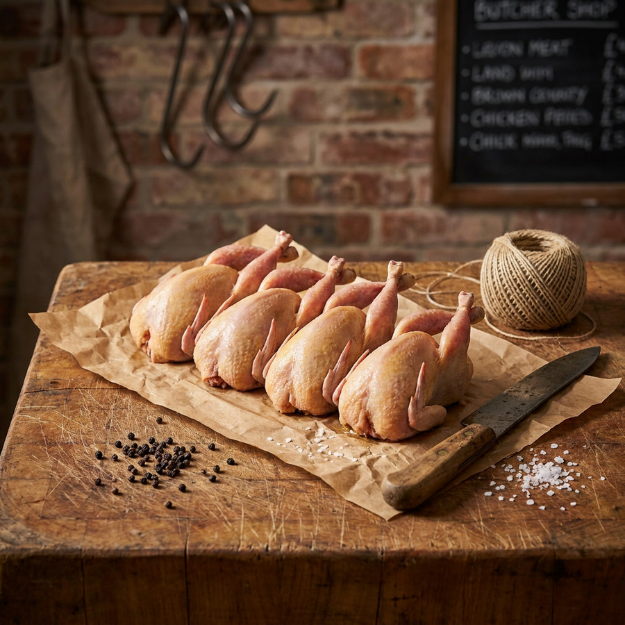 Four whole jumbo quail on kraft paper on a rustic butcher's block