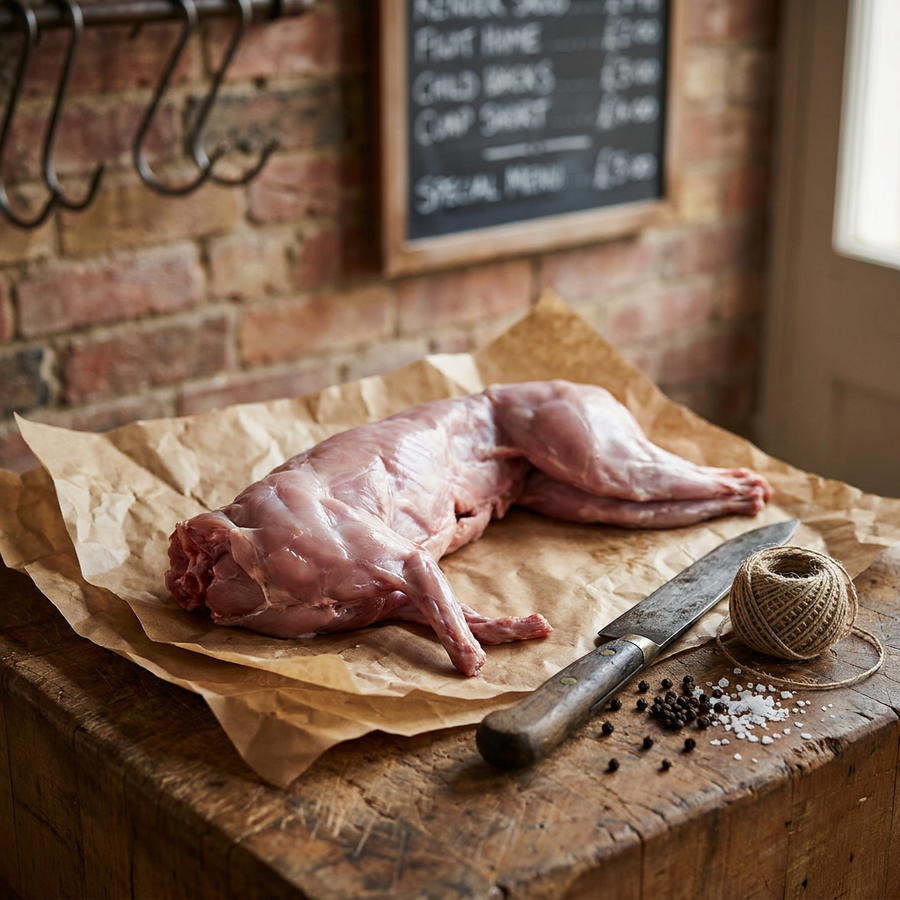 Whole large wild rabbit on kraft paper on a rustic butcher's block