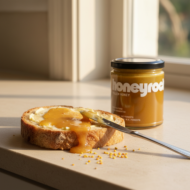 Pollen Honey on buttered sourdough toast