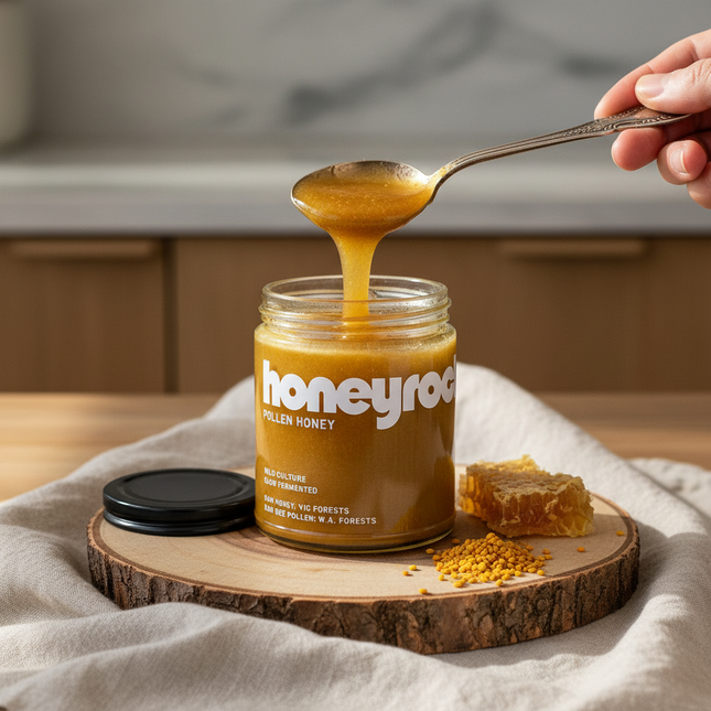Spoonful of Honeyrock Pollen Honey with honeycomb and bee pollen