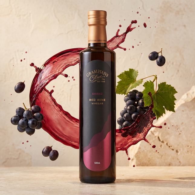 Grampians Olive Co Shiraz Red Wine Vinegar with a ruby vinegar splash and shiraz grapes