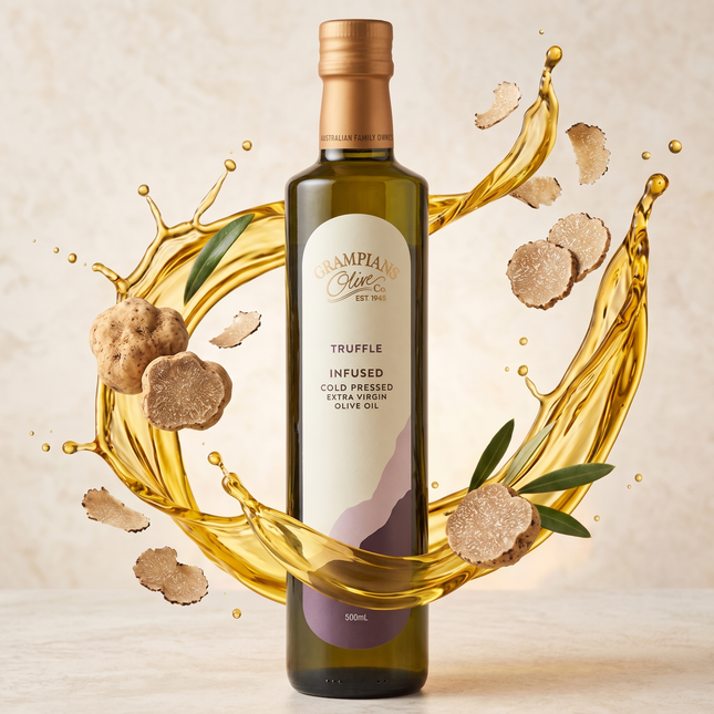 Grampians Olive Co Truffle Infused EVOO with a golden olive oil splash and white truffles