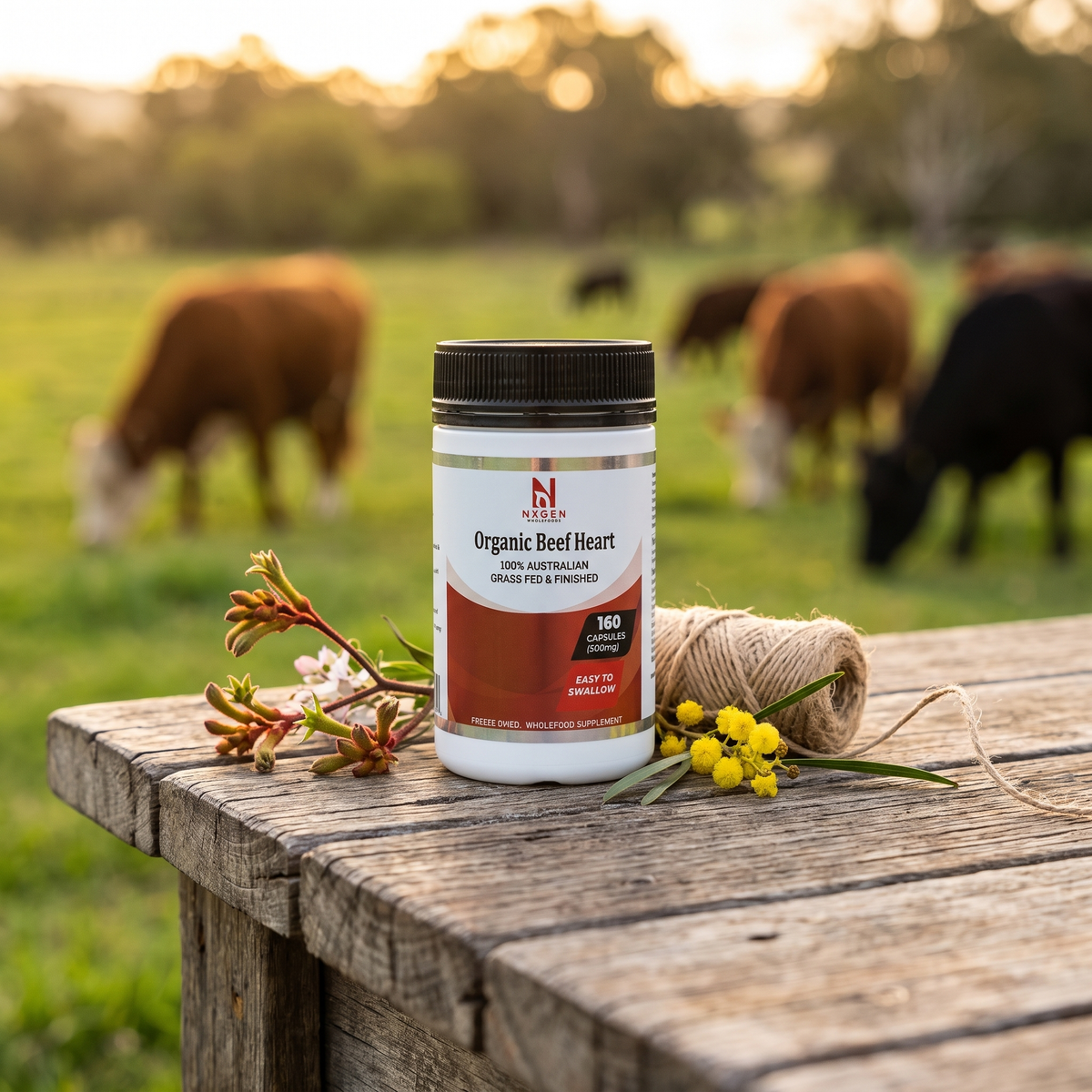 NXGEN Organic Beef Heart Capsules on a grass-fed farm table