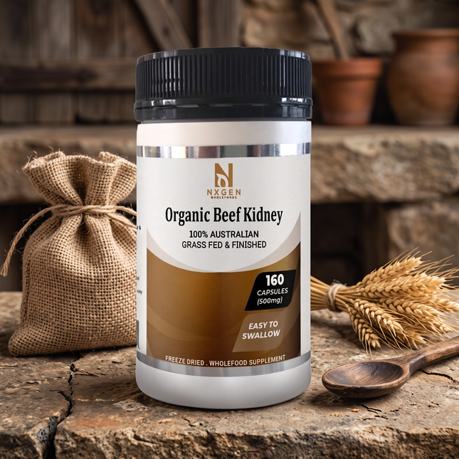 NXGEN Organic Beef Kidney Capsules, rustic farmstead