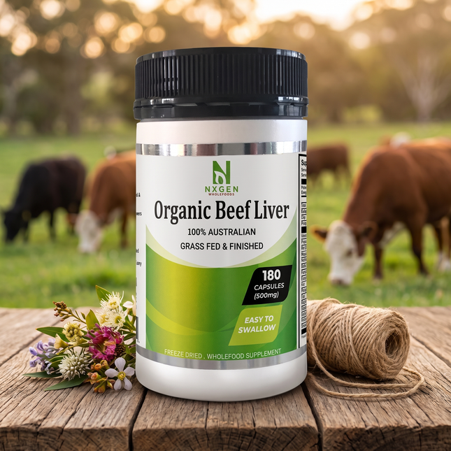 NXGEN Organic Beef Liver Capsules on a grass-fed farm table