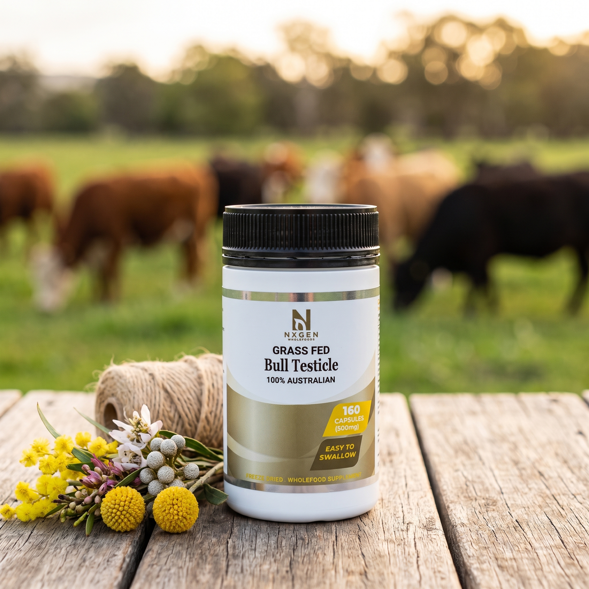 NXGEN Grass-Fed Bull Testicle Capsules on a grass-fed farm table