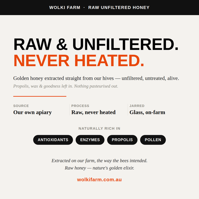Wolki Farm Raw Unfiltered Honey — raw, never heated, from our own apiary