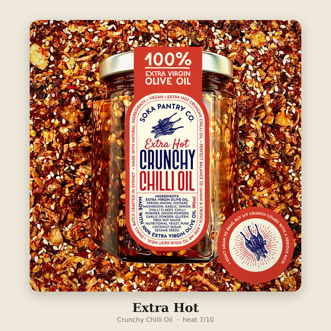 Soka Extra Hot Crunchy Chilli Oil 300ml jar on chilli flakes