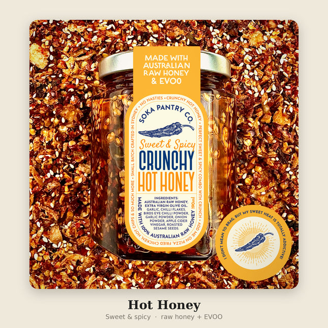 Soka Crunchy Hot Honey 300ml jar on chilli flakes