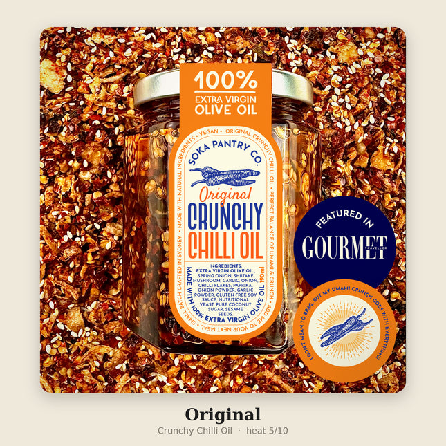 Soka Original Crunchy Chilli Oil 300ml jar on chilli flakes