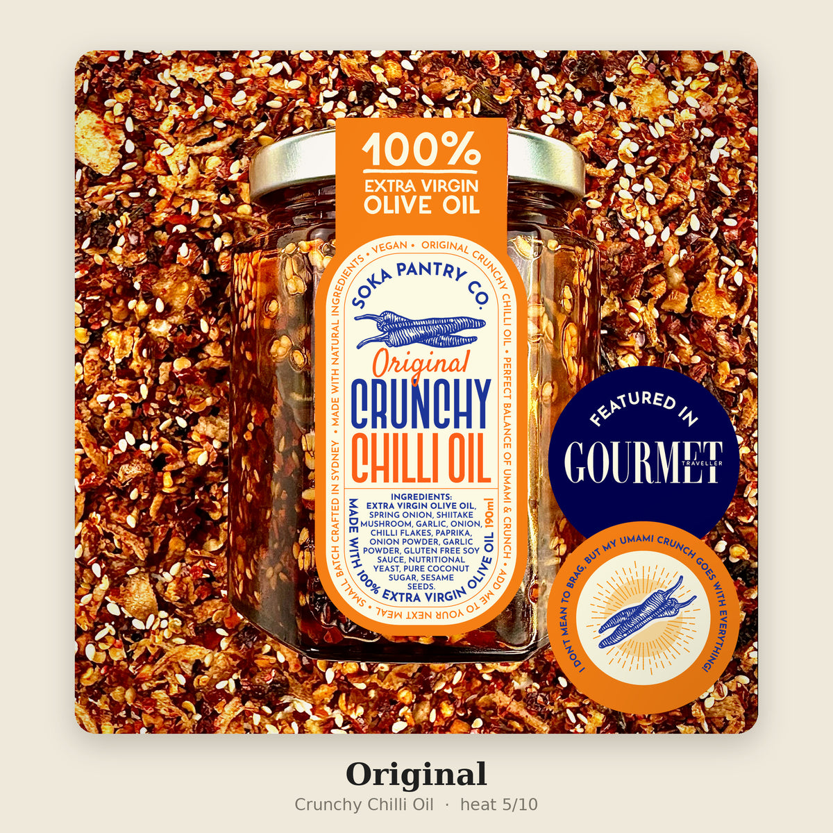 Soka Original Crunchy Chilli Oil 300ml jar on chilli flakes